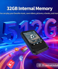 Bluetooth 5.4 Portable Mini Music Player with 512GB capacity and built-in speaker, showcasing internal memory display.
