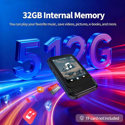 Bluetooth 5.4 Portable Mini Music Player with 512GB capacity and built-in speaker, showcasing internal memory display.