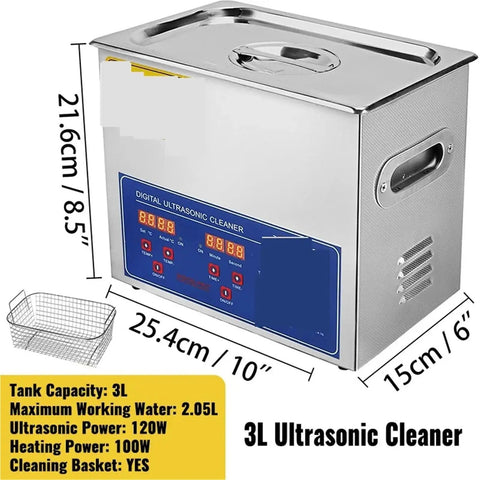 Compact 3 Liter Ultrasonic Cleaner Machine For Jewelry Glasses Tools And Dishes With Eco Friendly Sound Wave Technology Delivers Straight Up Hella Spotless Results Daily displayed with digital interface and cleaning basket.
