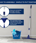 Heavy Duty Floor Squeegee With 62 Inch Stainless Aluminum Pole And Seventeen Point Five Inch Silicone Rubber Blade shown with assembly details