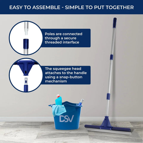 Heavy Duty Floor Squeegee With 62 Inch Stainless Aluminum Pole And Seventeen Point Five Inch Silicone Rubber Blade shown with assembly details