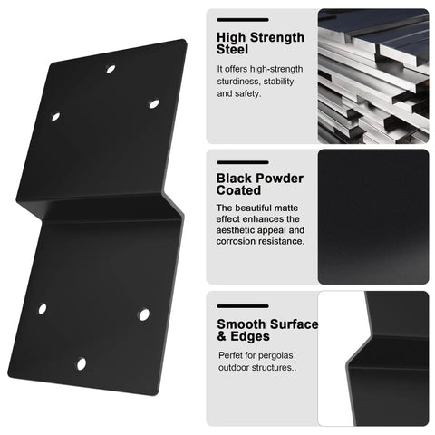 Beefy Z Shape Deck Brackets 4 Pack Heavy Duty Steel 5x5 Inch Joist Tie Plates Double Angle Connectors for Pergolas Carports Garden Arbors and Wood Shelves Beam Support 3 mm Thick Black Finish