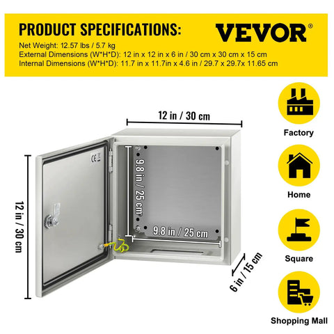 Rugged 12 By 12 By 6 Inch Steel Electrical Enclosure NEMA 4X IP66 Weatherproof Junction Box For Outdoor And Indoor Use With Mounting Plate Heavy Duty Box shown open with dimensions