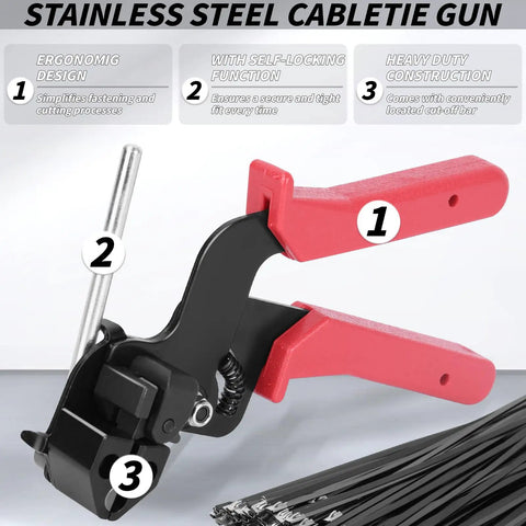 Heavy Duty Metal Zip Ties Kit With Gun Tool And Cutter 400 Pieces ergonomic red handle gun with features