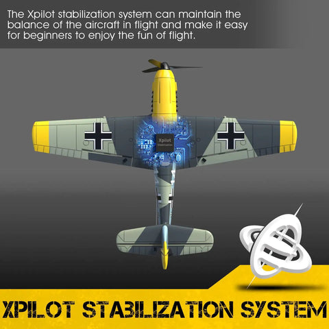 Top view of the BF109 RC Airplane Ready To Fly With XPILOT Stabilization System showing stabilization system graphics.