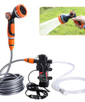 Portable 120W 12V Electric Pressure Washer Pump With 80 PSI Output And 10 Jet Nozzles, hoses and spray gun setup