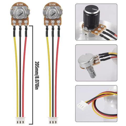 10K Linear Taper Rotary Potentiometer With 3 Pins And 20cm Wire, 10000 Ohm Variable Resistor, Aluminum Alloy Knobs In Three Colors, Pack Of Six For DIY Electronics And Pro Builds, close-up view of pins and wires