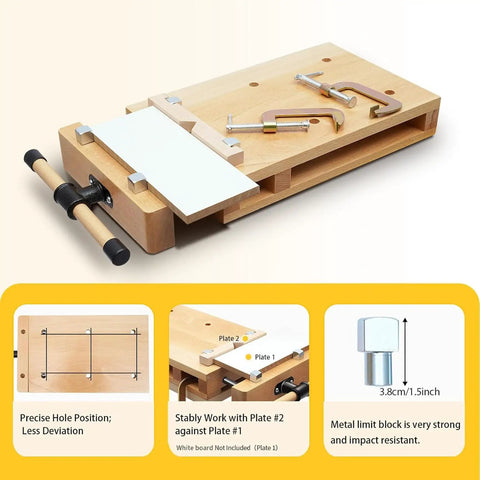 Heavy Duty Portable Woodworking Bench Vise With Adjustable Screw Handle For Hardwood Clamp On Workbench, showcasing robust clamps and stable board positioning.