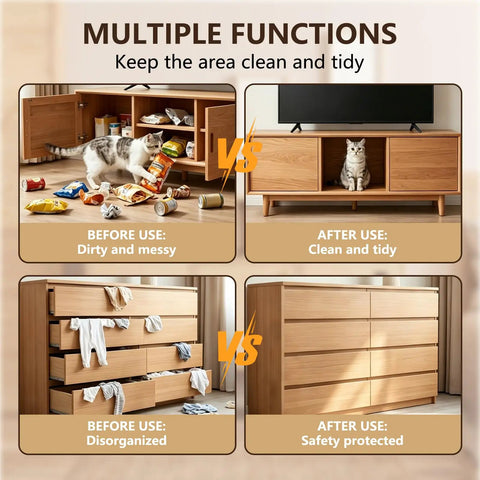 Comparison of messy vs tidy cabinet and drawers showing 8 Pack Magnetic Cabinet Door Catches No Drill Needed Stainless Steel Drawer Closure