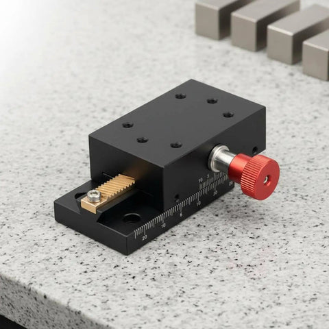 Top Notch Precision Dovetail Linear Stage With Dovetail Guide And Manual Rack And Pinion Travel For Rock Solid Fine Positioning Optical Alignment And Small Fixture Adjustments In Scientific Labs And Research. Black metal stage with red knob
