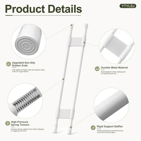 Adjustable RV Refrigerator Tension Rods 19.5 to 36.7 Inches Heavy Duty Non Slip Bar with rubber ends and metal material details