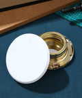 Top Shelf Four Pack Concealed Fire Sprinkler Head Cover Plates With Galvanized Ceiling Trim Rings For No Sweat Installation And Big Time Residential Or Commercial Protection, white cover on golden trim.