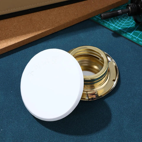 Top Shelf Four Pack Concealed Fire Sprinkler Head Cover Plates With Galvanized Ceiling Trim Rings For No Sweat Installation And Big Time Residential Or Commercial Protection, white cover on golden trim.
