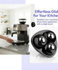Self Adhesive Mini Caster Wheels For Appliances 8 Pack installed under coffee maker on countertop, showcasing easy sliding function.