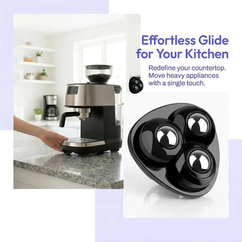 Self Adhesive Mini Caster Wheels For Appliances 8 Pack installed under coffee maker on countertop, showcasing easy sliding function.