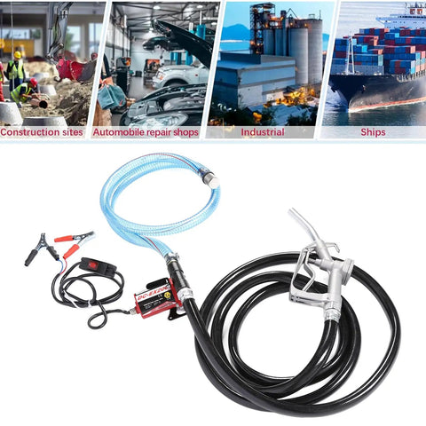 12V Self Priming Oil Transfer Pump With Switch For Gasoline And Kerosene Compact Electric Fuel Pump Delivers Up To 10 GPM 16 Feet Max Lift Heavy Duty Motor Protection And Metal Filter Ideal For Quick Fuel Transfers, hoses and nozzle