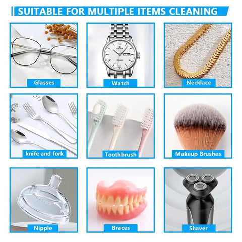Powerful 48KHz Ultrasonic Cleaner For Jewelry And Delicate Finds, 12oz Stainless Cleaning Pod images of multiple items including glasses, watch, necklace, and more
