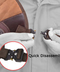 Adjustable Rifle And Shotgun Field Shield Recoil Pad with leather vest being disassembled on right shoulder