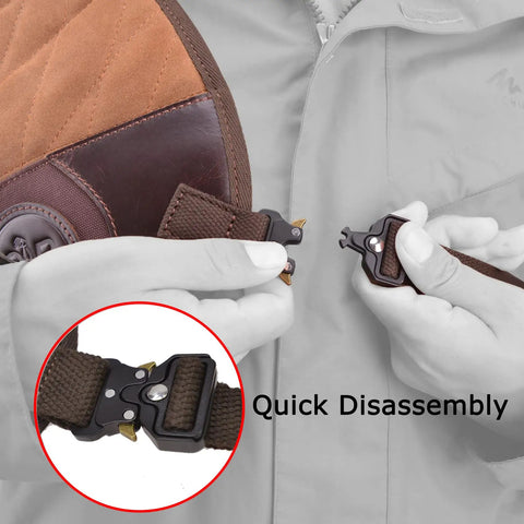 Adjustable Rifle And Shotgun Field Shield Recoil Pad with leather vest being disassembled on right shoulder