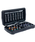 Open case displaying All In One Magnetic Screwdriver Set With 8 Long Bits And 32 Short Bits, ratcheting handle, and magnetic tips.