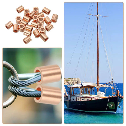 One Eighth Inch Copper Wire Rope Stop Sleeve Gold Round Crimp Ferrules For Wire Rope And Cable 25 Pcs Must Have Waterproof Rustproof Corrosion Resistant Heavy Duty Crafting And Rigging Essentials, copper ferrules on wire rope