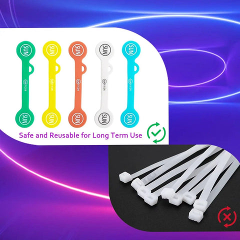 Colorful 5 Pack Silicone Cable Cord Organizers Magnetic Clips with traditional zip ties comparison