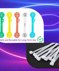 Magnetic Cable Organizer Set 10 Pack Silicone Cord Clips And Wraps For Chargers in vibrant colors next to white zip ties