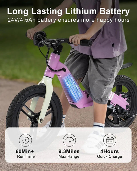 Electric Balance Bike For Kids With 14 Inch Tires Pink Ages 3 To 7 Kid Friendly Three Speed Modes Up To Nine MPH Lightweight 16.5 Lbs Frame Nine Mile Range Light Up Front Tire Adjustable Seat Safe Magnesium Alloy Build pink electric balance bike with 14-inch tires and lithium battery