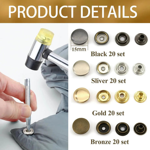 Heavy Duty Snap Fasteners Kit 15mm 320 Pieces 80 Sets 4 Colors Stainless Steel Snaps With Caps Sockets Male Female DIY Crafts