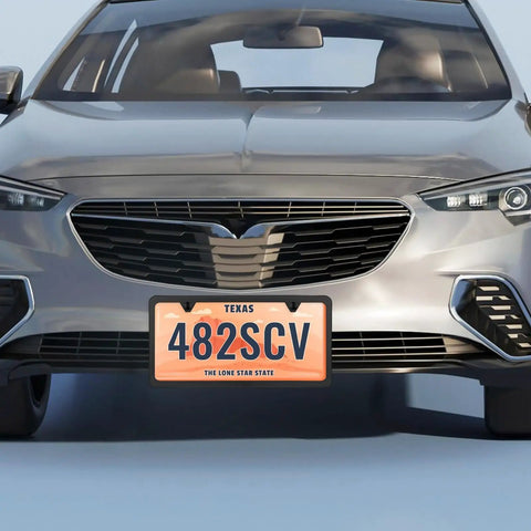 Car front view with stainless steel license plate frame with slim two hole design flat plate holder that keeps it clean and rust free weatherproof car accessory with metal screw caps black finish narrow frame for standard plates