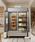 Heavy Duty 49 Cu Ft Commercial Reach In Fridge With WiFi App Controls And Slick Touch Displays, stainless steel, spacious interior.