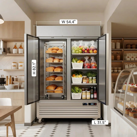 Heavy Duty 49 Cu Ft Commercial Reach In Fridge With WiFi App Controls And Slick Touch Displays, stainless steel, spacious interior.