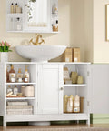 Top Notch White Pedestal Sink Cabinet With Double Doors And Adjustable Shelving Features A U Shape Cutout To Handle Plumbing Pipes No Sweat, stylish freestanding unit with shelves and accessories.