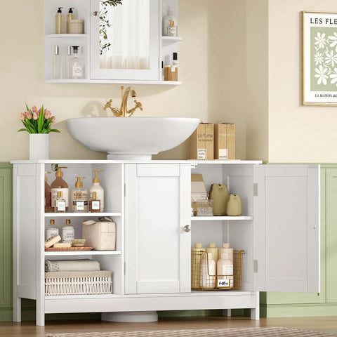 Top Notch White Pedestal Sink Cabinet With Double Doors And Adjustable Shelving Features A U Shape Cutout To Handle Plumbing Pipes No Sweat, stylish freestanding unit with shelves and accessories.