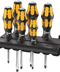 Kraftform Plus Screwdriver Set With Rack, Six Piece Slotted And Phillips Drivers, Pound Through Blade For Hammering, displayed in rack