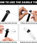 Instructional guide on using the 150 Piece Reusable Cable Ties Set With 4, 6, 8, 10 Inch Hook And Loop Straps in four steps.