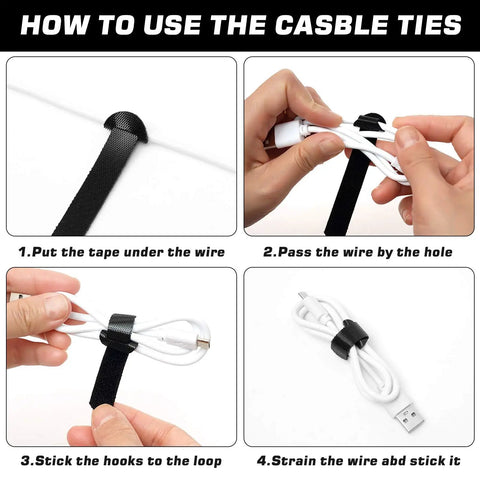 Instructional guide on using the 150 Piece Reusable Cable Ties Set With 4, 6, 8, 10 Inch Hook And Loop Straps in four steps.