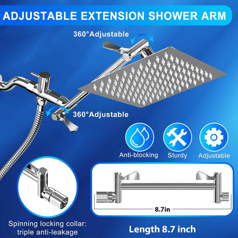 High Pressure Rainfall Shower Head Set With Adjustable Extension Arm And Handheld, 8 Inch Square Rain Head, Stainless Steel