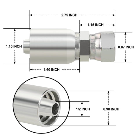 Side view of ANCIMOON 1/2 in ID hose to 1/2 in JIC 37° flare swivel hydraulic fittings, 10-pc set