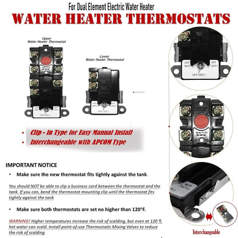 Diagram showing water heater thermostats labeled for dual element electric use in tune up kit.
