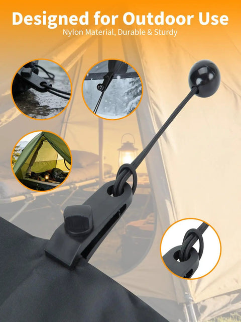 Heavy Duty Tarp Clips Kit With Adjustable Lock Grip, 10 Pack Nylon Clamps in outdoor use with tent background