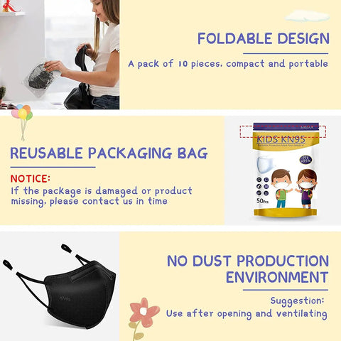 Kids KN95 Face Masks 50 Pack For Kids, Five Ply Disposable Breathable Protective Masks With Adjustable Ear Loops shown in packaging and design