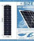 500 Watt Solar Panel Kit With Two 250 Watt Flexible Panels 40A Charge Controller And Inverter For Camping Off Grid Power On Boat Or RV Monocrystalline Photovoltaic Modules For Curved Surfaces, showing IP67 waterproof feature and dimensions 1065mm x 270mm.