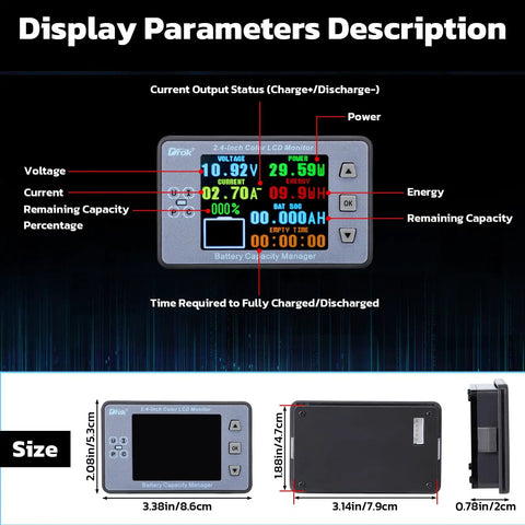 Digital Battery Monitor And Multimeter For RVs And Solar Setups Reads 8 To 100V And 0.05 To 100A 2.4 Inch Color LCD Display details