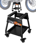 Movable Dirt Bike Stand With Wheels Motorcycle Lift Panel For Heavy Duty Use, black steel frame, shown with wheels and bike illustration