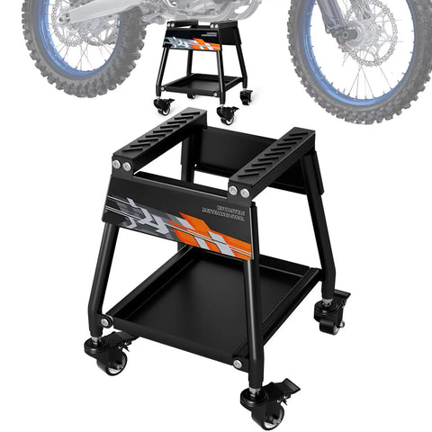 Movable Dirt Bike Stand With Wheels Motorcycle Lift Panel For Heavy Duty Use, black steel frame, shown with wheels and bike illustration