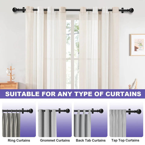 One Inch Adjustable Heavy Duty Curtain Rod With Extra Long Range From 30 To 240 Inches For Windows And Room Dividers Indoor Outdoor Use Matte Black Finish Durable And Stylish shown with various curtain types