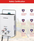 Outdoor Propane Tankless Water Heater 1.6 GPM Portable Gas Water Heater with safety features in white finish