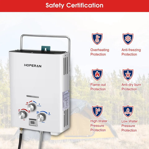 Outdoor Propane Tankless Water Heater 1.6 GPM Portable Gas Water Heater with safety features in white finish