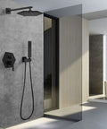 Matte Black Shower System With Tub Spout And Handheld Spray 10 Inch Square Rain Shower Head Wall Mounted High Pressure Rainfall Fixtures For Spa Vibe And Bathroom Upgrade installed in modern bathroom
